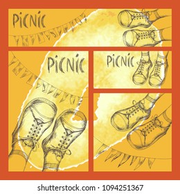 Hand sketch. Set of business formats with images for a picnic in the style of Doodle. Children's feet in walking shoes, sneakers.