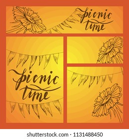 Hand sketch. Set of business formats with images for a picnic in the style of Doodle. Flower hand lettering picnic time.