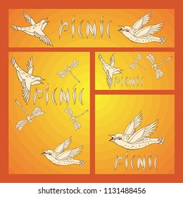 Hand sketch. Set of business formats with images for a picnic in the style of Doodle. Singing birds, lettering picnic.