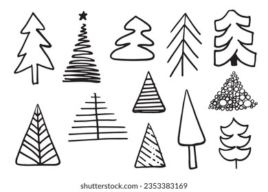 Esbozo manual de árbol de Navidad. Ilustración vectorial. Grupo de árboles de fir de doodle
