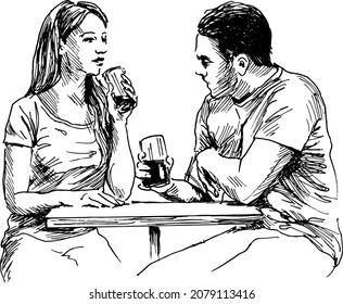 Hand sketch of sitting couple with drinks. Vector illustration.
