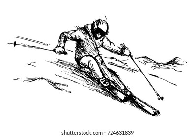 Hand sketch skier in the mountains. Vector illustration