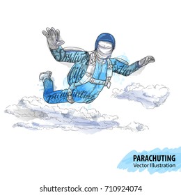Hand sketch of skydiving athlete in the clouds. Vector sport illustration. Watercolor silhouette of the man with thematic words. Text graphics, lettering. Active people. Extreme lifestyle.