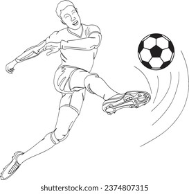 Hand Sketch of Soccer - Dynamic Illustration of a Football Player with Ball, Continuous Line Drawing of a Soccer Player Kicking Ball - Vector Illustration