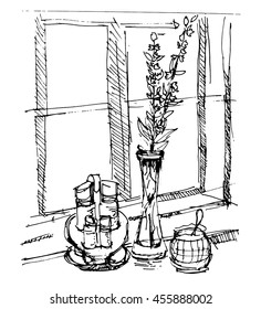 Hand sketch a still life with the water-glass, salt and window on the black background.