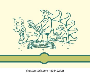 Hand Sketch of a Sugar Plantation Field with a milling factory and a field laborers working on a sunny day. Editable Clip Art.