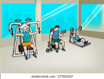 Hand sketch of three men exercising in gym with different gears. Illustration cartoon concept. 