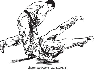 Esbozo manual de dos hombres practicando judo. Ilustración vectorial.