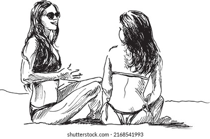 Hand sketch of two women on the beach. Vector illustration.