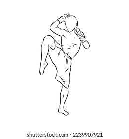 Hand sketch vector of Muay Thai or Thai Boxing. Beautiful martial art that use body parts to fight against each other. Self defense art. High kick but get defended with arm.