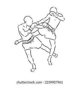 Handskizze Vektorgrafik von Muay Thai oder Thai Boxen. Schöne Kampfkunst, die Körperteile benutzt, um gegeneinander zu kämpfen. Selbstverteidigungskunst. Hoher Kick, aber verteidigt euch mit Arm.