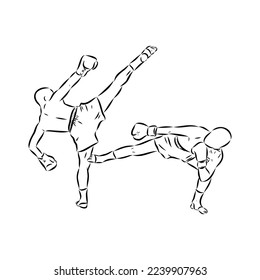 Hand sketch vector of Muay Thai or Thai Boxing. Beautiful martial art that use body parts to fight against each other. Self defense art. High kick but get defended with arm.