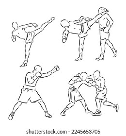 Hand sketch vector of Muay Thai or Thai Boxing. Beautiful martial art that use body parts to fight against each other. Self defense art. High kick but get defended with arm.