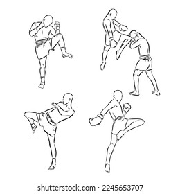 Hand sketch vector of Muay Thai or Thai Boxing. Beautiful martial art that use body parts to fight against each other. Self defense art. High kick but get defended with arm.