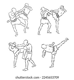 Hand sketch vector of Muay Thai or Thai Boxing. Beautiful martial art that use body parts to fight against each other. Self defense art. High kick but get defended with arm.