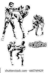 Hand sketch vector of Muay Thai or Thai Boxing. Beautiful martial art that use body parts to fight against each other. Self defense art. Mix fight action.