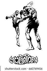 Hand sketch vector of Muay Thai or Thai Boxing. Beautiful martial art that use body parts to fight against each other. Self defense art. High kick but get defended with arm.