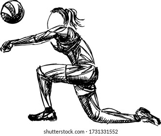 Hand sketch volleyball player. Beach volleyball player in action vector illustration.