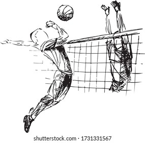 Hand sketch volleyball player. Beach volleyball player in action vector illustration.
