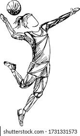 Hand sketch volleyball player. Beach volleyball player in action vector illustration.