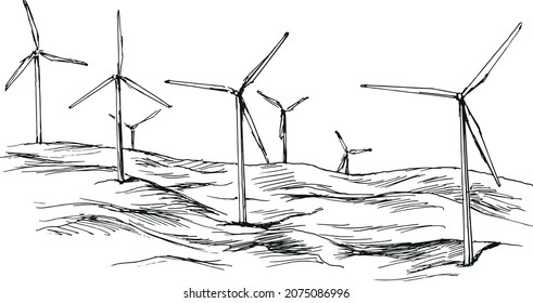 Hand sketch of wind turbines. Vector illustration.
