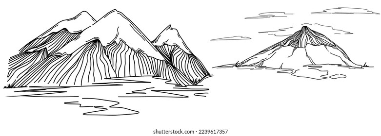 Hand sketch of winter mountains. Mountains sketch on a white background. Snowy mountain peaks and Shapes For Logos