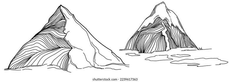 Hand sketch of winter mountains. Mountains sketch on a white background. Snowy mountain peaks and Shapes For Logos