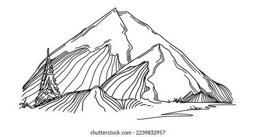 Esbozo manual de montañas invernales. Las montañas dibujan sobre un fondo blanco. Picos de montaña nevados y formas para logotipos