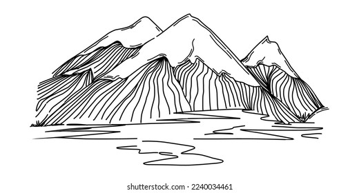 Hand sketch of winter mountains. Mountains sketch on a white background. Snowy mountain peaks and Shapes For Logos
