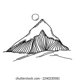 Handskizze der Winterberge. Bergskizze auf weißem Hintergrund. Schneeberge Berggipfel und Formen für Logos