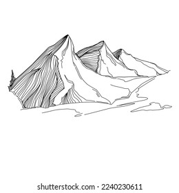 Hand sketch of winter mountains. Mountains sketch on a white background. Snowy mountain peaks and Shapes For Logos