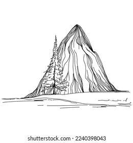 Handskizze der Winterberge. Bergskizze auf weißem Hintergrund. Schneeberge Berggipfel und Formen für Logos