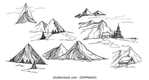 Hand sketch of winter mountains. Mountains sketch on a white background. Snowy mountain peaks and Shapes For Logos