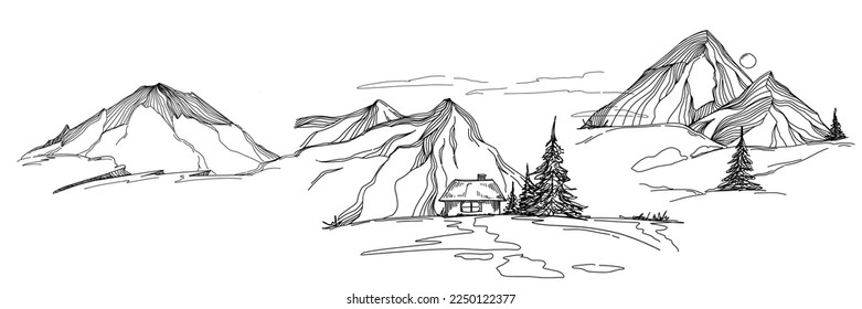 Hand sketch of winter mountains. Mountains sketch on a white background. Snowy mountain peaks and Shapes For Logos