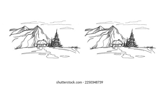 Hand sketch of winter mountains. Mountains sketch on a white background. Snowy mountain peaks and Shapes For Logos