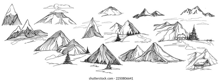 Hand sketch of winter mountains. Mountains sketch on a white background. Snowy mountain peaks and Shapes For Logos