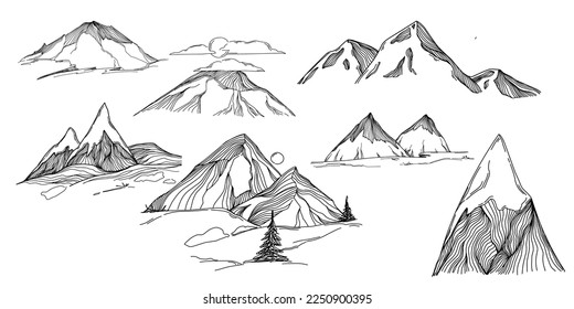 Hand sketch of winter mountains. Mountains sketch on a white background. Snowy mountain peaks and Shapes For Logos