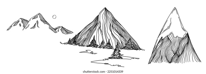 Hand sketch of winter mountains. Mountains sketch on a white background. Snowy mountain peaks and Shapes For Logos