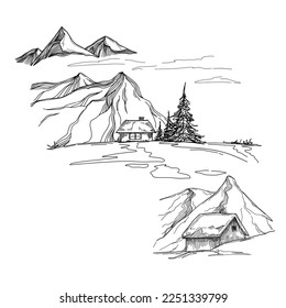 Hand sketch of winter mountains. Mountains sketch on a white background. Snowy mountain peaks and Shapes For Logos