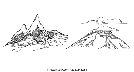 Hand sketch of winter mountains. Mountains sketch on a white background. Snowy mountain peaks and Shapes For Logos