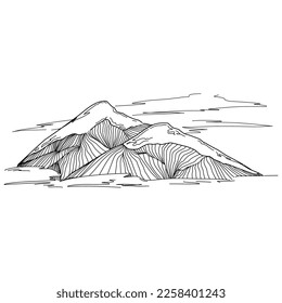 Hand sketch of winter mountains. Mountains sketch on a white background. Snowy mountain peaks and Shapes For Logos