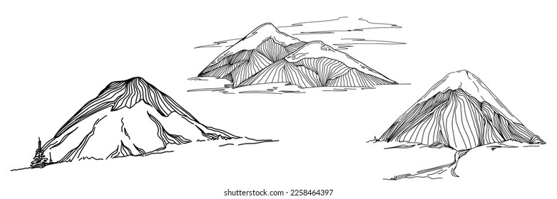 Hand sketch of winter mountains. Mountains sketch on a white background. Snowy mountain peaks and Shapes For Logos