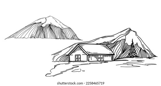 Hand sketch of winter mountains. Mountains sketch on a white background. Snowy mountain peaks and Shapes For Logos