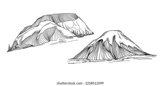 Hand sketch of winter mountains. Mountains sketch on a white background. Snowy mountain peaks and Shapes For Logos