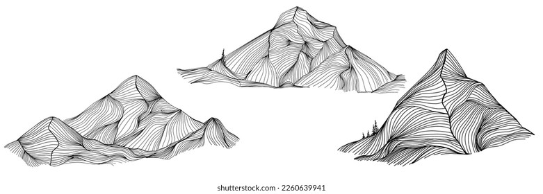 Hand sketch of winter mountains. Mountains sketch on a white background. Snowy mountain peaks and Shapes For Logos