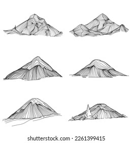 Hand sketch of winter mountains. Mountains sketch on a white background. Snowy mountain peaks and Shapes For Logos