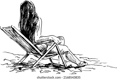 Hand sketch of a woman on a beach chair. Vector illustration.