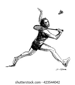 Hand sketch woman playing badminton. Vector illustration