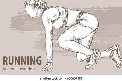 Hand sketch of a woman runner ready to start. Vector sport illustration. Graphic silhouette of the athlete on background design.