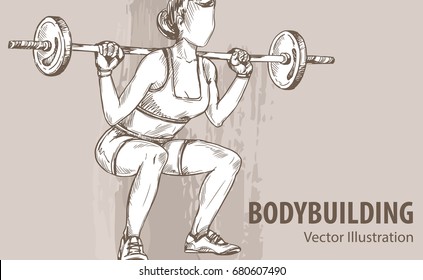 Hand sketch of a women with a barbell. Vector sport illustration. Graphic silhouette of the athlete on background design.